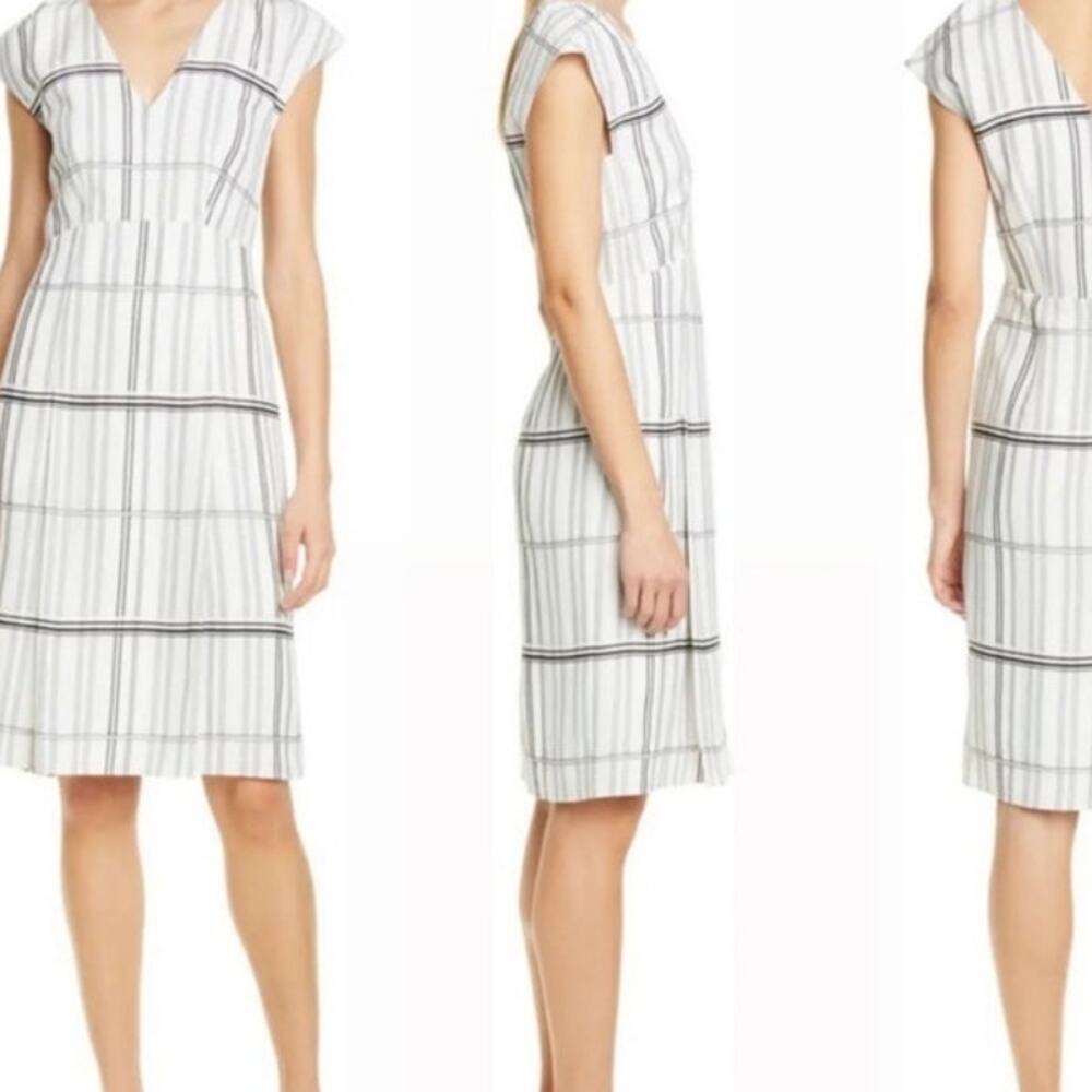 Beautiful Lewit Grid Check Cap Sleeve Dress In Ivory & Black Grid Stripe size 8
